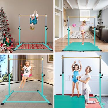 Гімнастичний гриф HomeSun для дітей, міцний нахилений гриф з кільцями, горизонтальний гімнастичний гриф для домашніх тренувань, регульована висота 90-150 см, тренажер до 100 кг, вік 3-15 років, бірюзовий