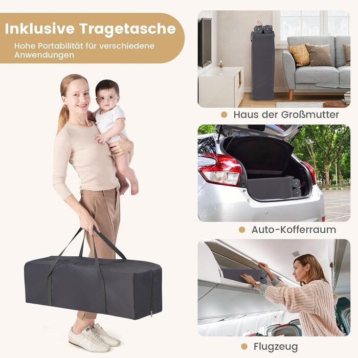 Складане дитяче ліжечко COSTWAY 3 в 1, 2-рівневе дорожнє ліжечко зі складним матрацом, пеленальний килимок, музичний мобіль, ігрова арка та сумка для перенесення, бічний ліжечко з колесами для дитини до 3 років (темно-сірий)