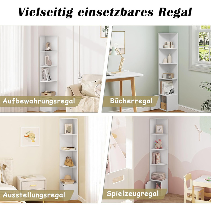 Кутова полиця WOLTU, книжкова шафа, окремостояча полиця, полиця для зберігання, полиця з дверцятами, з 5 полицями, виготовлена з інженерної деревини, для кабінету, спальні, вітальні, офісу, 29,5x158x29,5 см, білий, SK038ws