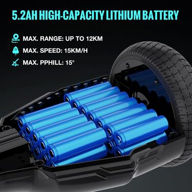 Гіроскутери EVERCROSS EV2 із сидінням – акумулятор 5,2 Аг, 15 км/год, музика через Bluetooth, 7-кольорове підсвічування педалей, вантажопідйомність 85 кг, з ховеркартом для дітей, підлітків та дорослих