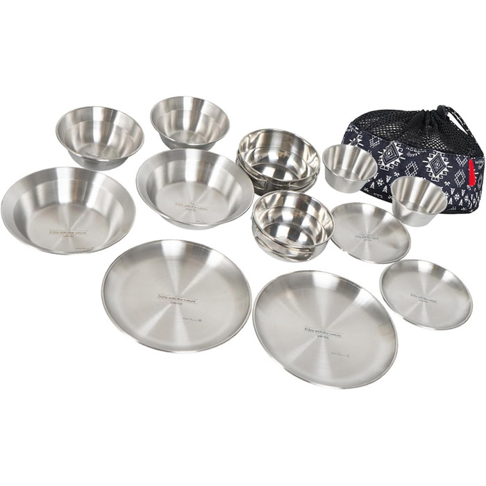 Набір туристичного посуду з нержавіючої сталі на 12 осіб, сріблястого кольору, штабельований, для подорожей та щоденного використання, ідеальний для кемпінгу та пікніків