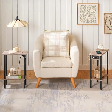 Вузький 2-ярусний бічний столик HOOBRO, диван-столик із зарядною станцією, тумбочка з полицею, журнальний столик, для невеликих приміщень, вітальні, спальні, кабінету, сіро-чорний EBG240CBZ01 сіро-чорний 1