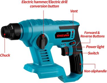 Акумуляторний перфоратор ONEVAN, 2-функціональний ударний дриль та відбійний молоток, акумуляторний дриль-шуруповерт (з 2 акумуляторними батареями 2000mAh) З 2 акумуляторними батареями