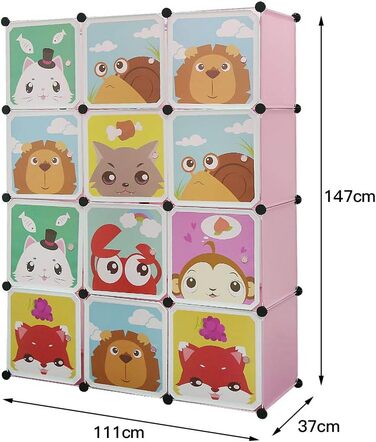 Дитяча шафа для зберігання Glit, 12 кубиків, модульна шафа з дверцятами, тваринні мотиви, пластикова полиця для іграшок, одягу та