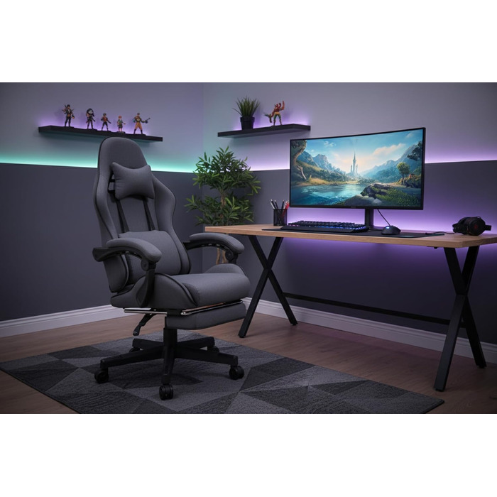 Геймерське крісло з підставкою для ніг мякі підлокітники регульована висота масажна подушка сірий