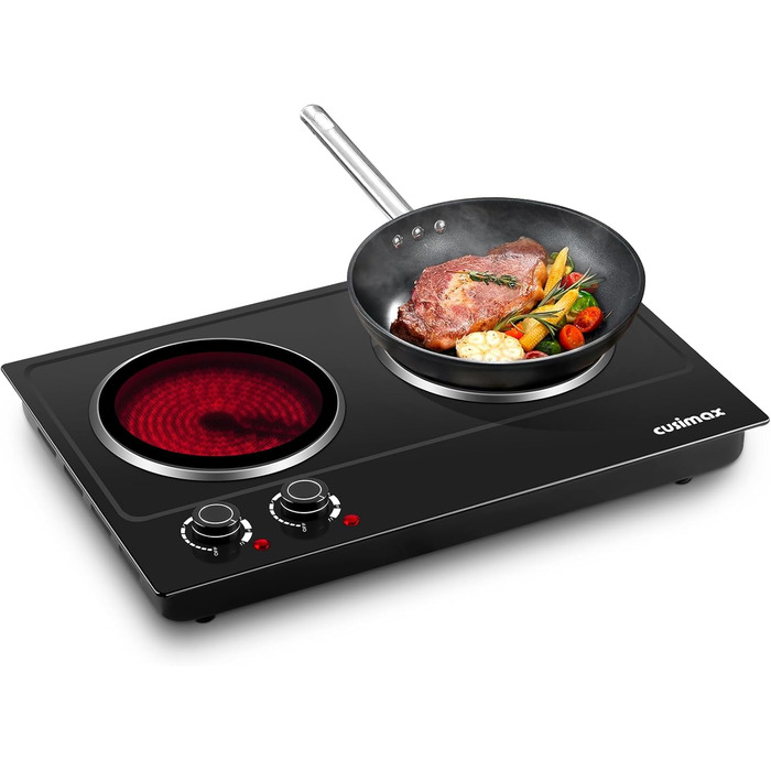 Інфрачервоні конфорки CUSIMAX 2 шт. електричні, склокерамічна варильна поверхня 2 варильні поверхні з термостатом для захисту від перегріву, подвійна конфорка ідеальна для приготування їжі, кемпінгова конфорка нержавіюча сталь чорна склокераміка 50.0 * 33
