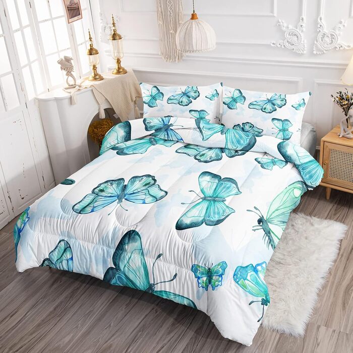 Ковдра QOOMO метелик, двоспальне ліжко, комплект дитячої постільної білизни з метеликами, 3-секційна, друкована ковдра з 2 наволоч