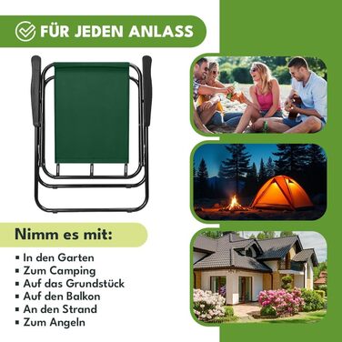 Складаний кемпінговий стілець, зелений, міцний кемпінговий стілець, до 100 кг, сталевий каркас, складний садовий стілець 73x46x51 см, складний стілець для саду, пляжу, риболовлі, балкону, аксесуари для кемпінгу