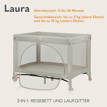 Дорожнє ліжечко Lionelo Laura 2-в-1 до 15 кг, манеж від 0 до 36 місяців, бічний вхід T25, пінопластовий матрац, 2 налаштування висоти, дорожня сумка, колеса з гальмами