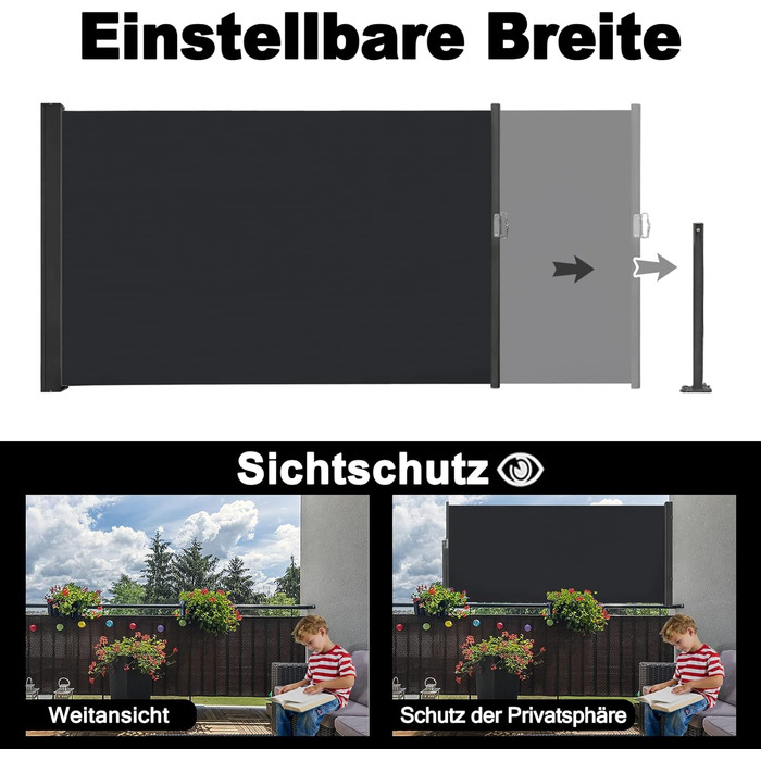 Розсувна бічна маркіза, екран для забезпечення конфіденційності, сонцезахисний козирок, вітрозахисна, водостійка поліестерова бічна рулонна штора з алюмінієвого настінного кронштейна для патіо, балкона, забезпечення конфіденційності (100x300 см, антрацит)