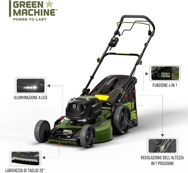 Газонокосарка GREEN MACHINE з акумулятором 62 В, самохідна сталева газонокосарка, 51 см зі світлодіодом, тільки інструмент, складна конструкція без щіток 60 л, акумулятор і зарядний пристрій не входять до комплекту 51см