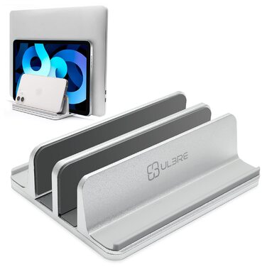 Вертикальна підставка для ноутбука з металу, подвійне регулювання, 4 слоти, для MacBook, HP, Chromebook до 17.5 дюймів (44.5 см) срібляста