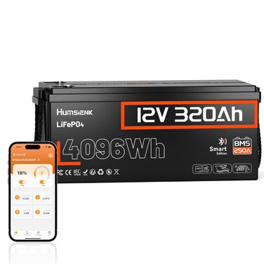 Акумулятор HumsiENK 12V 320Ah LiFePO4 з Bluetooth, сонячний акумулятор 250A BMS LiFePO4 12V 300Ah, понад 15 000 циклів, захист IP65 та захист від низьких температур, ідеально підходить для автофургонів