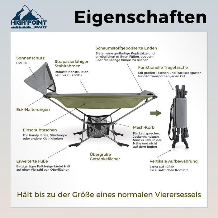 Гамак для кемпінгу HIGH POINT SPORTS, гамак для вулиці зі знімним сонцезахисним тентом, вантажопідйомність 250 фунтів, міцний портативний гамак з дорожньою сумкою для саду, приміщень, балкону, патіо, кемпінгу, зелений