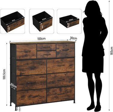 Комод WOLTU з 10 тканинними шухлядами, сервант для вітальні, комод для спальні, шафа для передпокою, металевий каркас, індустріальний стиль, вінтажний коричневий чорний, SSK009shm вінтажний коричневий чорний 10 тканинних шухляд