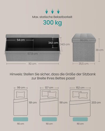 Пуф для зберігання SONGMICS, Складана лавка, Пуф для ніг 38 x 110 x 38 см, Коробка для зберігання, Вантажопідйомність до 300 кг, для вітальні, спальні, коридору, Попелясто-сірий LSF77G 110B см Попелясто-сірий