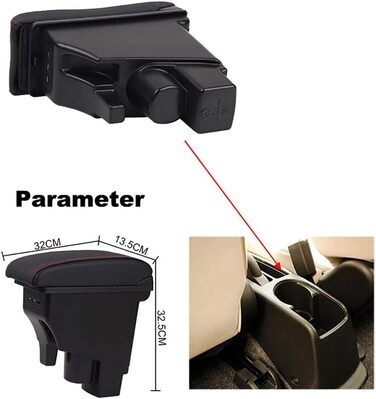 Підлокітник Центральна консоль Ящик для зберігання Fit Jazz 2002-2007 з 3 портами для зарядки USB Всі чорні