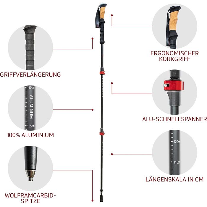 Туристичні палиці Rothwild, модель Rehkitz, телескопічні трекінгові палиці з корковим руків'ям, для чоловіків та жінок, довжина 105-135 см