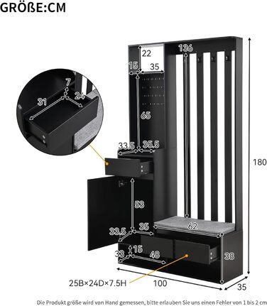 Набір вішалок для одягу Ymkua настінна вішалка, набір вішалок для передпокою з лавкою для взуття, 3 висувними ящиками і подушками,