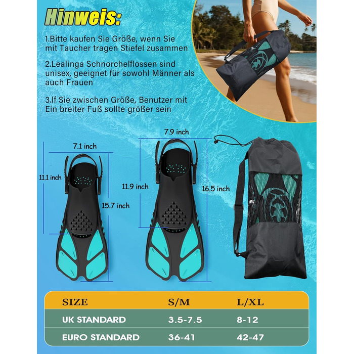 Ласти для снорклинга, регульовані ласти для плавання дорослих, дорожній розмір, унісекс ласти для дайвінгу для дорослих, чоловіків, жінок та дітей, відкриті тренувальні ласти з п&39ятою та сітчастою кишенею, S/M, темно-зелені