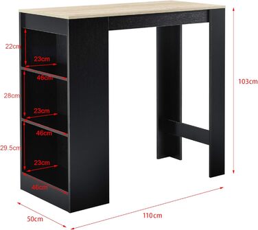Барний стіл Kouvola, стіл для бістро, обідній стіл, 110 x 50 x 103 см, кухонний стіл, кухонна стільниця з 3 полицями, стіл, барна стійка для їдальні, вітальні, кухні, чорний/дубовий колір