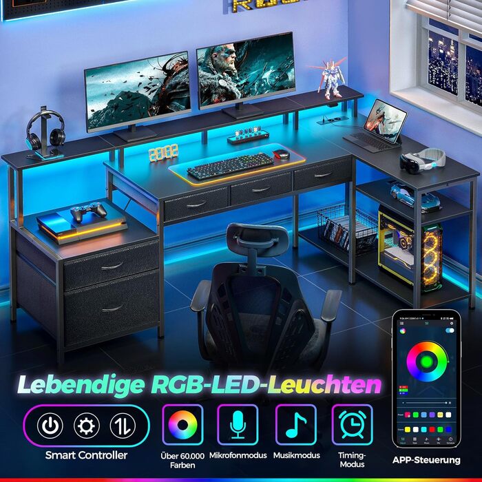 Г-подібний письмовий стіл на сім столів, комп&39ютерний стіл з розеткою, підставкою для світлодіодного освітлення та монітора, кутовий стіл з висувними шухлядами, ідеально підходить для спальні, офісу, вітальні, чорний