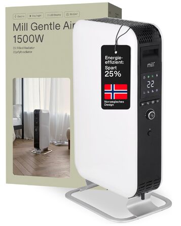 Масляний радіатор Mill, 1500 Вт, електричний обігрівач, до 22 м, безшумний, енергозберігаючий електричний обігрівач, безпечний електричний радіатор з програмою день/ніч, білий електричний радіатор, 18-22 м