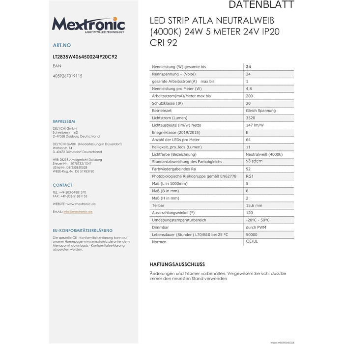 Світлодіодна стрічка Mextronic ATLA Нейтральний білий (4000K) 24W 5 метрів 24V IP20 CRI 92