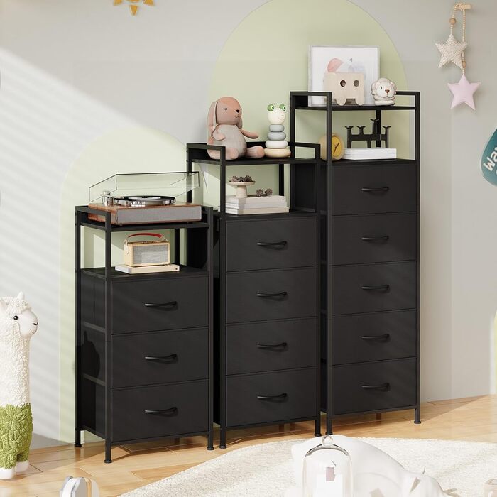 Комод Somdot, високий комод для спальні, вітальні, коридору, шафа для зберігання, тканинний комод з ручками, 4 тканинні шухляди, чорний, 28 Г x 40,2 Ш x 106 В см (4 шухляди)