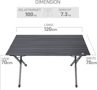 Складаний кемпінговий стіл EVER ADVANCED, алюміній, 120x70 см, вантажопідйомність 100 кг, зсувна стільниця для 4-6 осіб, складаний стіл із сумкою для перенесення для кемпінгу, пікніків, саду, балкону, темно-сірий