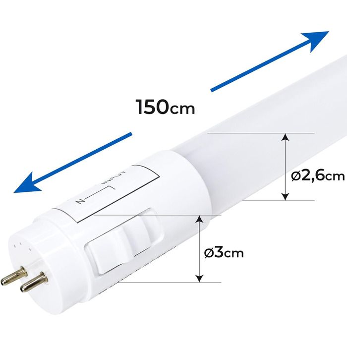 Пакет із 2 світлодіодних трубок 150 см, 24 Вт, CCT (селектор кольору теплий білий, нейтральний білий або холодний білий), 2900 люмен, стартер в комплекті, стандарт T8