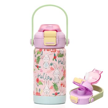 Дитяча ізольована пляшка для води з кришкою-трубочкою, 350 мл, вакуумний стаканчик з подвійною стінкою без бісфенолу А, 18/8 нержавіюча сталь, герметичний, дитячий, з трубочкою для школи, подорожей, хлопчиків, дівчаток (кролик)