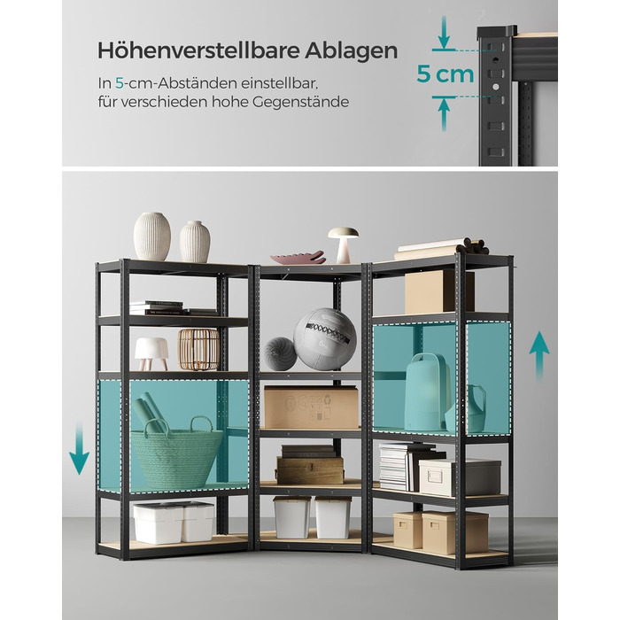 Комплект кутових полиць SONGMICS, 5 ярусів, міцний стелаж, металевий, полиця для зберігання в гаражі, підсобному приміщенні, підвалі, вантажопідйомність до 2625 кг, чорний/натуральний бежевий GLR070B03 5 ярусів (160Г x 160Ш x 180В см) чорний натуральний б
