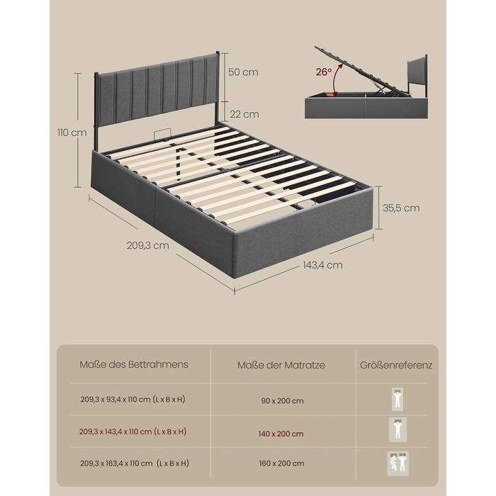 Каркас ліжка VASAGLE, Основа ліжка, Ліжко, 140 x 200 см, Складана рейкова основа, Місце для зберігання під ліжком, Узголів&39я, Гідравлічна система, Сучасне, Легке складання, Темно-сірий RMB614G02 140 x 200 см Темно-сірий