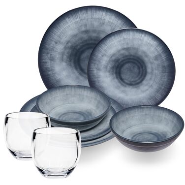 Набір меламінового посуду Jesolo Grey для 2 осіб, вигляд кераміки, можна мити в посудомийній машині, аксесуари для кемпінгу, каравану, фестивалю, пікніка, садової вечірки, 8 предметів - прозорий стакан для напоїв 400 мл