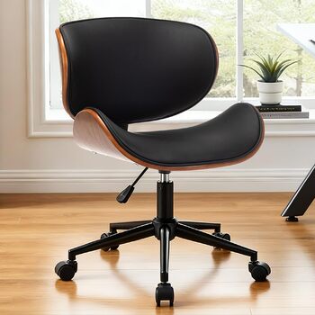 Дерев&39яне офісне крісло Mingone, комп&39ютерне крісло, ергономічне робоче крісло на 360, обертове крісло, дизайн крісла з крилами та колесами, регульована висота, шкіра, чорний колір, до 150 кг, чорні ніжки, стиль 1