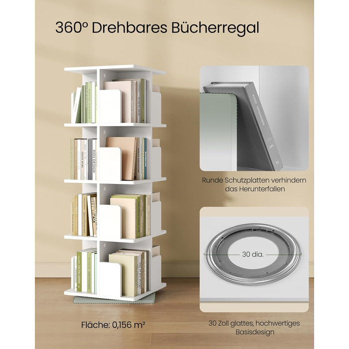 Обертова книжкова полиця EUGAD, кімнатна перегородка, полиця на місці, обертова полиця, офісна полиця, декоративна полиця, вільно обертається на 360 з 4 полицями для спальні, офісу, МДФ, білий, 39,5 x 128 x 39,5 см, 4 полиці (39,5 Ш x 128 В x 39,5 Г см), 