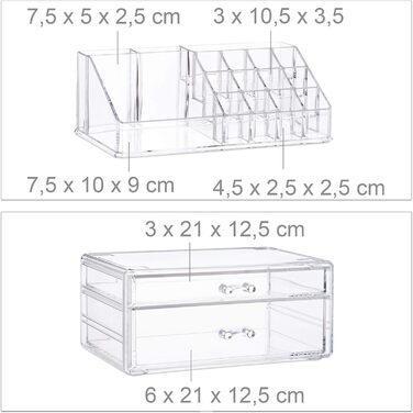 Прозорий органайзер для макіяжу з 2 шухлядами, місце для зберігання косметики, акриловий тримач для губної помади, стандартний