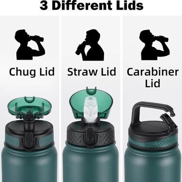 Пляшка для води OLDLEY з нержавіючої сталі з трубочкою 1 л, ізольована, з 3 кришками, велика термос 1 літр, герметична, зберігає тепло та холод, для спорту, тренажерного залу, кемпінгу, їзди на велосипеді (темно-зеленийчорний, 3 кришки) темно-зеленийчорни