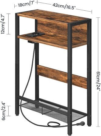 Вузький приставний столик, столик біля дивана із зарядною станцією, тумбочка з 2 дерев&39яними композитними панелями та 1 металевою полицею, для невеликих приміщень, вітальня, вінтажний коричневий та чорний DTBZ05CBF Вінтажний коричневий, чорний