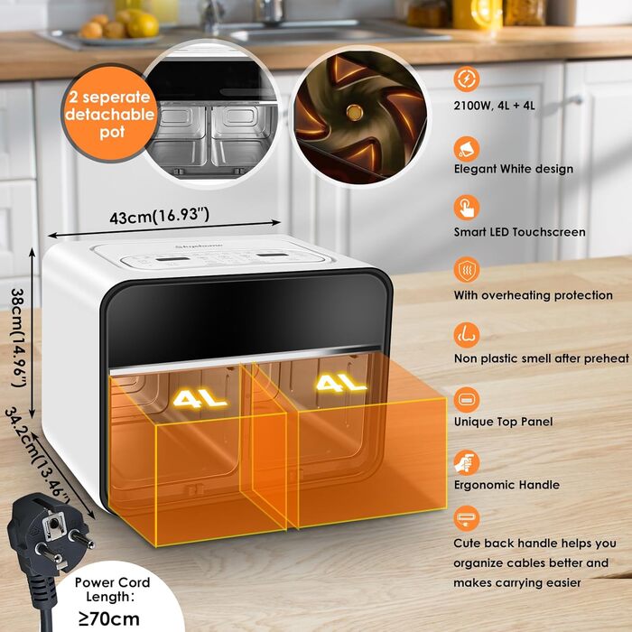 Двокамерна фритюрниця Skyehomo 2100 Вт, цифрова фритюрниця з подвійним кошиком із прозорим вікном, програми 14 в 1 і світлодіодний сенсорний екран, двокамерна фритюрниця без бісфенолу А майже без олії, резерв 24 години