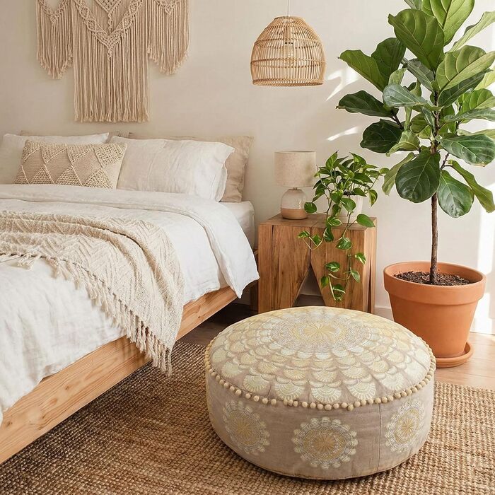 Кругла підлогова подушка Mandala Life ART XXL з помпонами, бежева, великий пуф/табурет, подушка для сидіння в стилі бохо, розкішна з художнім декором кімнати, плюшева, 100 бавовна, без наповнювача, 60x20 см, чохол для подушки 60x20 см, бежевий