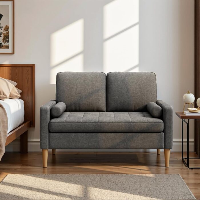 Місний диван, 2-місний диван, маленький диван з 2 декоративними подушками, міні-диван з підлокітниками, для вітальні, спальні, квартири, офісу, 121 x 77 x 87 см, темно-сірий, 2-