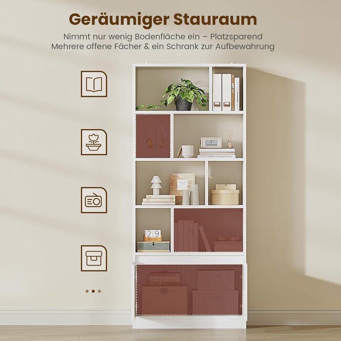 Біла дерев&39яна книжкова шафа, висока книжкова шафа з 4 полицями та відкритим місцем для зберігання, окремостояча полиця з дверцятами для вітальні, спальні, офісу, кабінету, 155x60x24 см, білий