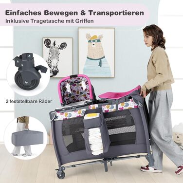 Дитяче ліжечко COSTWAY 5-в-1, дорожнє ліжечко з матрацом, дитяче дорожнє ліжечко, включаючи пеленальний килимок, дитячу колиску та музичний мобіль, колиску з колесами, дитяче ліжечко для немовлят до 36 місяців (рожева крапка) 106Д x 74Ш x 74В см рожевого 