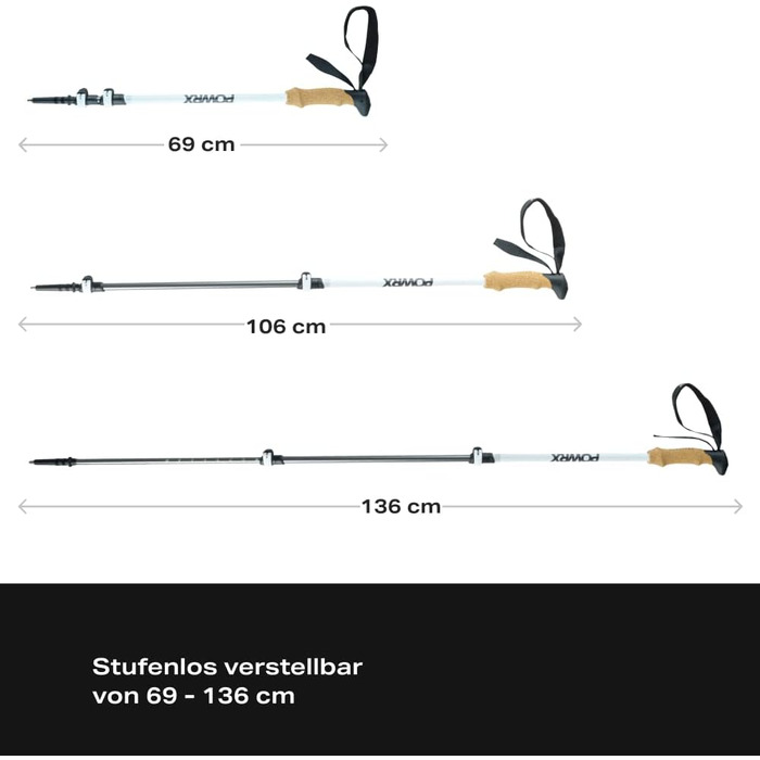 Палиці POWRX для піших прогулянок, трекінгові алюмінієві, телескопічно регульовані, надлегкі, довжина 69-136 см, білий колір