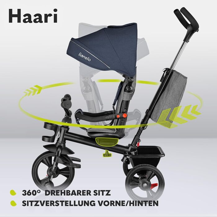 Триколісний велосипед LIONELO Haari 2в1 з ручкою від 18 місяців до 25 кг, вперед і назад, безкамерні гумові шини, вільний хід, кош