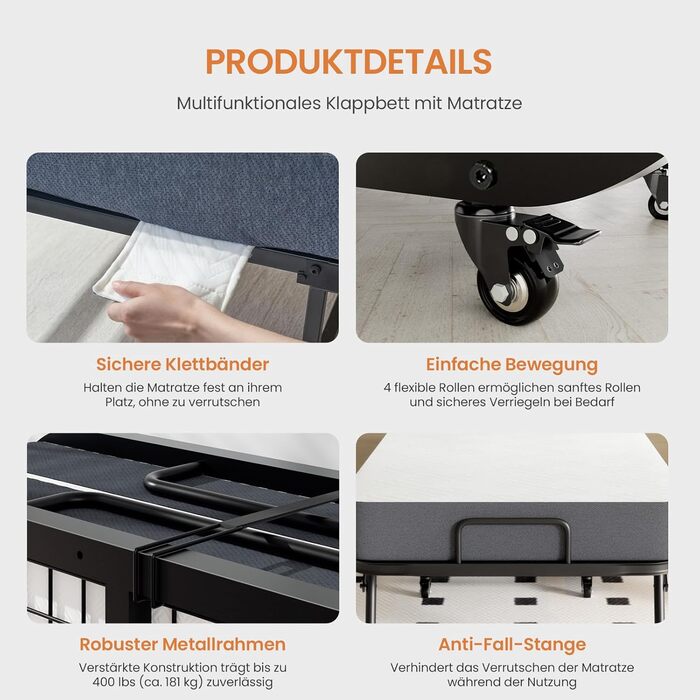 Розкладне ліжко (вкл. матрац з піни з ефектом пам&39яті товщиною 13 см), Розкладне гостьове ліжко, Для дорослих 90 x 200 см, Металевий розкладний каркас, Посилена металева сітка, Вантажопідйомність 250 кг 90X200 см