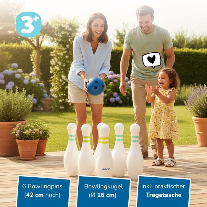 Боулінг-гра з 6 кеглями та кулею, кеглі 42 см, стабільна, наповнювана, міцна та водонепроникна, включаючи сумку для перенесення, вік 3, 60131 XXL
