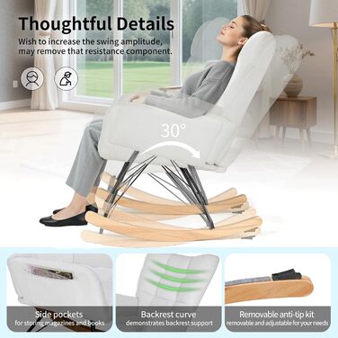 Крісло-гойдалка Clevich для вітальні, крісло-гойдалка з оббивкою з плюшевого тканини, дерев&39яними полозками та металевими ніжками, для вітальні, дитячої кімнати, спальні, вантажопідйомність до 136 кг, білий колір